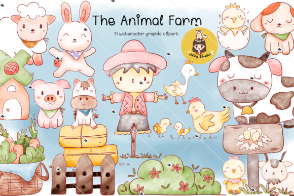 Watercolor Set of Animal Farm Clip Art